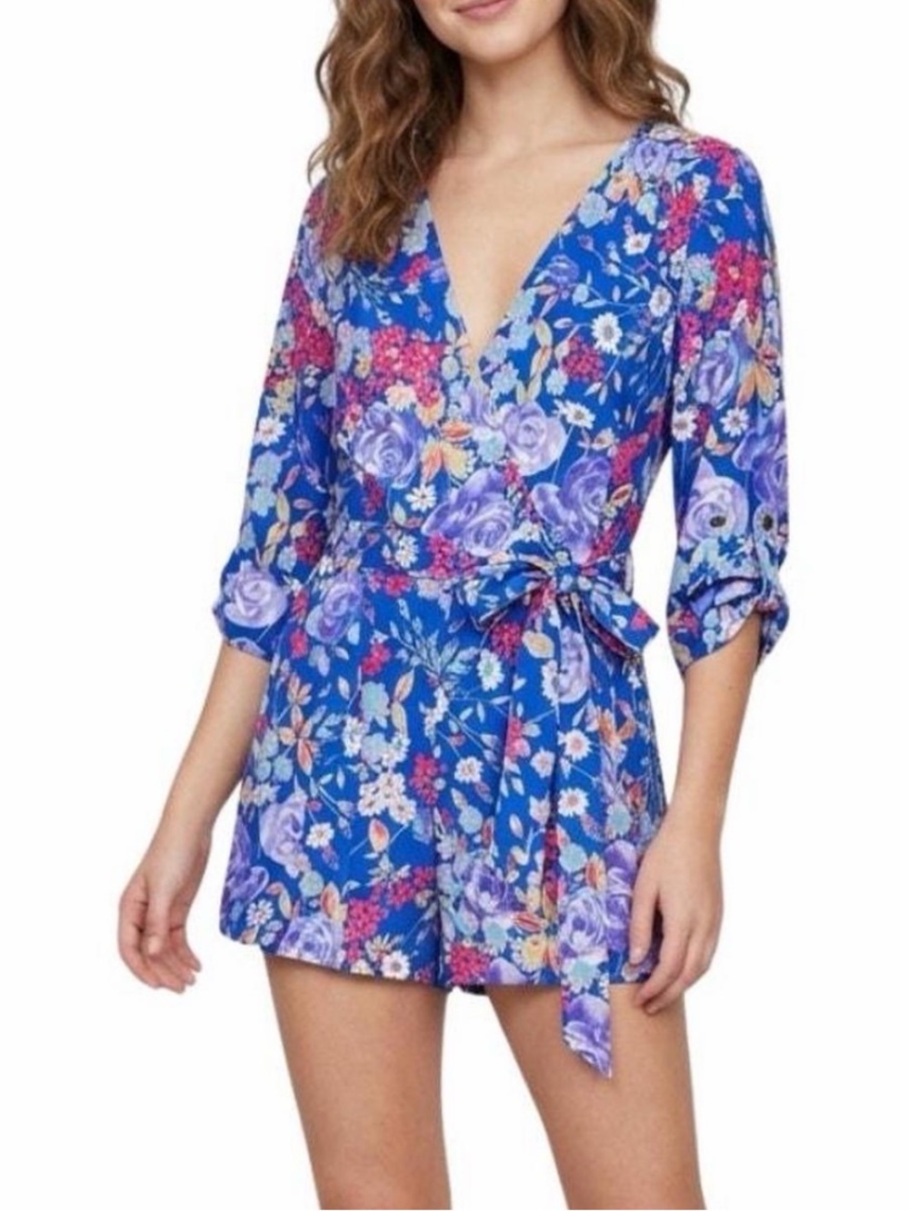 Yumi Kim Blue Floral Romper XS Tie Waist 3/4 Sleeve V Neck